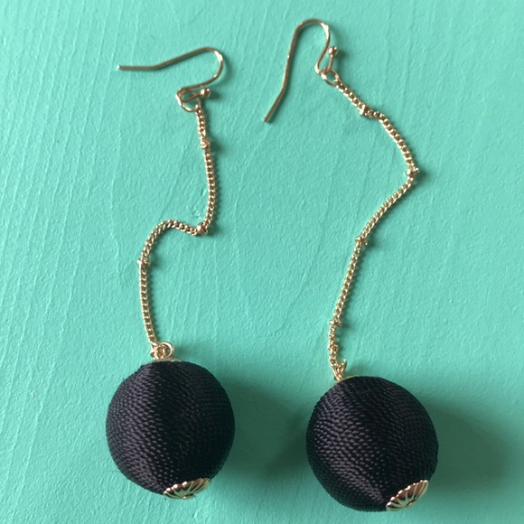 Earrings - gold long drop black balls - Picture 4 of 5